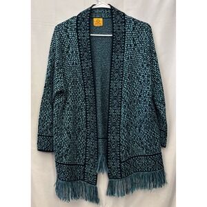 Women's Ruby Rd. Teal And Black Fringed Open Cardigan Sweater  LG